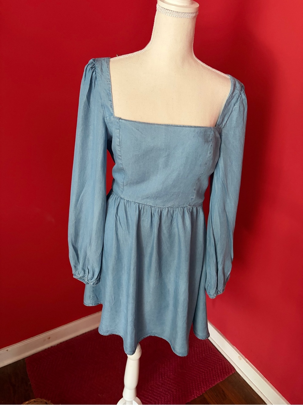 Square-Neck Long Sleeve Light Blue Dress